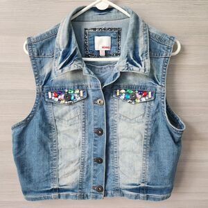 Bongo Rhinestone Pocket Vest Women XL Embellished Stretch Blue Denim Button Jean